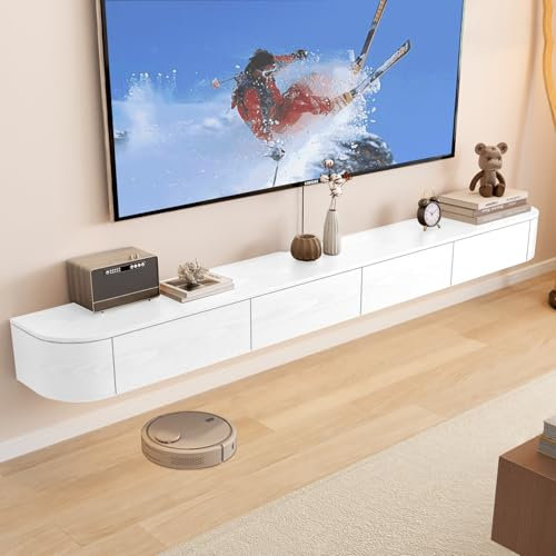 Ribanedy Meuble TV Suspendu Moderne en Bois Massif | Console de Divertissement Murale avec Portes à Rabat | Étagère Télé avec Grand Espace de Stockage pour Salon & Bureau (Blanc, 200cm)