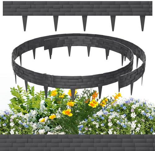 HENGMEI 10m Rasenumrandung in Anthrazit, Blumenbeetumrandung aus Kunststoff im Kunststein-Design, Rasenumrandung, Gartenzaun-Palisaden, 10 Stück