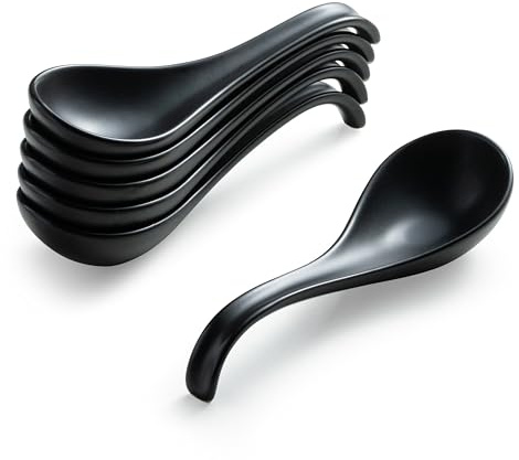 Gomakren Asian Soup Spoons, Ramen Spoons Set of 6 with Long Handle, Black | 6.5in Sturdy Ceramic, Deep Oval Design, Stackable Flat Bottom | Kitchen Chinese Spoons for Cereal Pho Stews, Dishwasher Safe