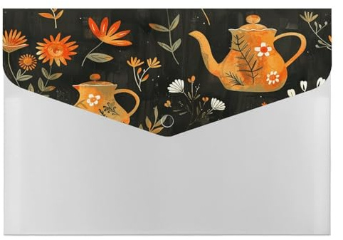 Organiseur de fichiers accordéon pour plantes et théière - 6 poches - Dossier extensible avec étiquettes, dossiers de documents de voyage - Enveloppes en plastique avec fermeture à pression - 33 x 23