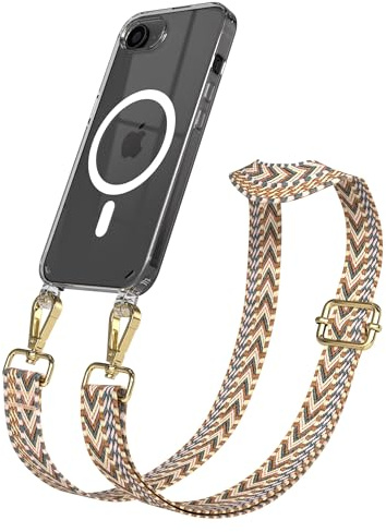 EAZY CASE Handykette - Verstellbares Taschenband kompatibel mit iPhone 16e, Schulterriemen, Handykordel mit Silikon Hülle, Qi Charging kompatibel, Umhängetasche, Braun Gold
