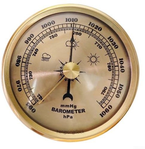 Vintage Style Metal Frame Barometer Clock, Wall Mounted Weather Station Temperature Pressure Gauge Decorative Home Office Indoor Use Gold(Gold)
