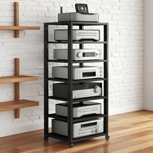 Audio-Rack-Tower 7-stufiger Audio-Rack-Turm, beweglicher Plattenspieler-DVD-CD-Audio-Rack-Turmhalter, mit verstellbarem Holz, geeignet for einfache Montage, for Zuhause und das Büro(Schwarz)