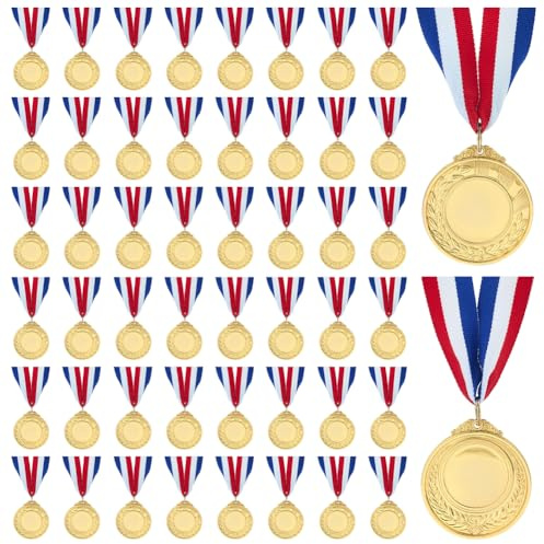FINGERINSPIRE 50 Stück 57x52mm Blanko Medaillen Mit Halsbändern 74cm Langes Schlüsselband Goldene Blanko Medaillen Flache Runde Medaille Mit Weizenmuster Medaille Für Wettbewerbe Sportauszeichnungen