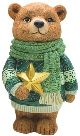 Dekohelden24 Dekobär, Weihnachtsfigur, Figur Bär, Deko-Braunbär, Weihnachtsfigur, Winterfigur mit Schal und goldenen Christstern in der Hand aus Keramik, in grün und braun, L/B/H 10 x 8 x 18cm.