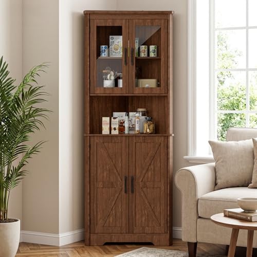BonVache Eckschrank, hoher schmaler Badezimmerschrank mit 2 Türen und 5 Ablageflächen, Aufbewahrungsschrank für Küche, Schlafzimmer, Wohnzimmer, 170 cm Eckregal, Braun