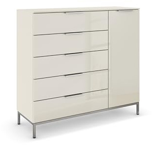 Rauch Möbel Flipp, Kommode, Farbe Glas Beige, Breite 120 cm | Sideboard, 1-türig, 5 Schubladen, Soft-Close, Griffe, Metallkufe Chrom, für Schlafzimmer, Gästezimmer, Wohnzimmer