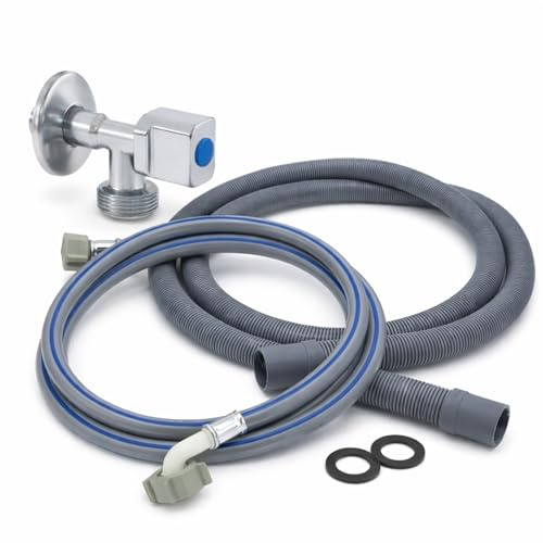 Kit Manguera Lavadora Entrada Agua + Tubo Desagüe Flexible + Grifo Llave de Paso | Conjunto Universal todo en uno para Lavadora y Lavavajillas | Instalación Fácil y Ajuste Estándar