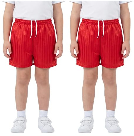 Pack of 2 Unisex PE Shorts Kids Boys Girls Adults School Sports Shadow Stripe Elasticated Waist Drawstring Gym Football Games Uniform Shorts Made in UK Red 7-8 Years