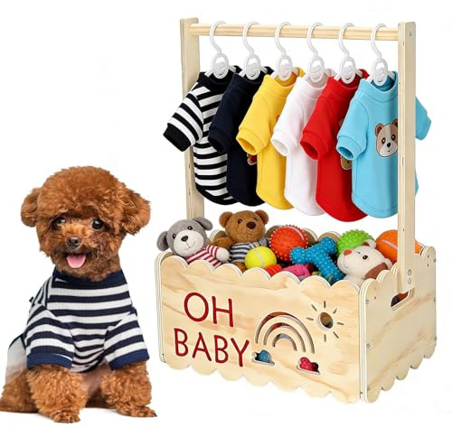 Punorric Wooden Cat Dog Wardrobe Mini Dolls Clothes Wardrobe, Dress Up Wardrobe with Storage Basket & Hanging Rod, Dolls House Accessories for Toys & Clothes, Pet Closet Crate Box