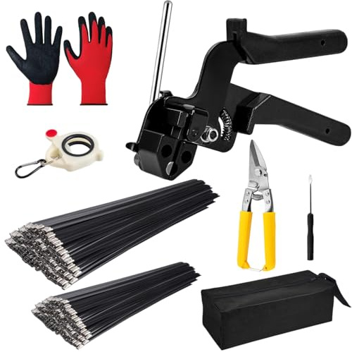 Acidea Heavy Duty Stainless Steel Cable Tie Gun Kit, with 300pcs UV Resistant Black Metal Zip Ties(150 Each of 30cm, 20cm), Adjustable Fastening Cutting Tie Tool Sets for Fence, Exhaust Pipe, Farm Use