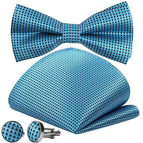 GASSANI 3-Set Fliegenset, Petrol Karierte Herren-Fliege Einstecktuch Manschettenknöpfe, Bräutigam Karo Hochzeitsfliege Anzug-Schleife Taschentuch