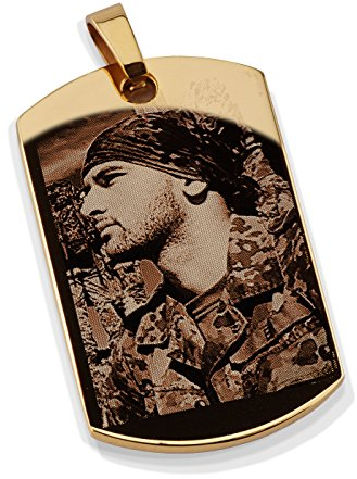Diamandi Dog-Tag Kette mit Foto-Gravur - Ihr Bild + Text auf den Anhänger der Halskette graviert - Personalisierter Gold Ketten-Anhänger