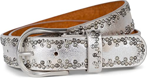 styleBREAKER Nietengürtel Unisex mit kleinen mehrfarbigen Nieten | Vintage Gürtel aus Rindsleder mit farbgebender Polyurethan-Beschichtung | kürzbar & verstellbar, Farbe:Silber, Größe:85cm