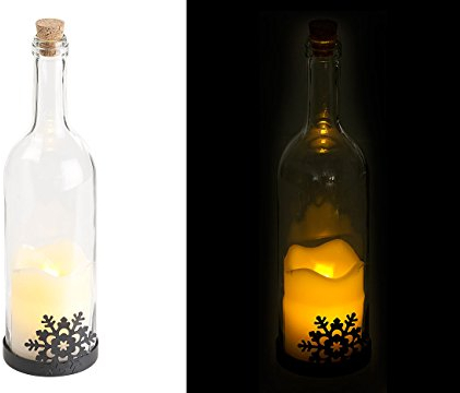 Lunartec Flaschen Dekorieren: Deko-Glasflasche mit LED-Kerze, bewegliche Flamme, Schneeflocken-Motiv (Flaschen weihnachtlich Dekorieren, Flaschen Deko, Flaschendeko Weihnachten)
