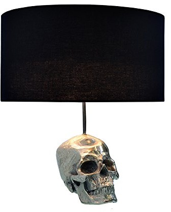 Extravagante Tischlampe SKULL 44cm Totenkopf silber Tischleuchte Stoffschirm schwarz