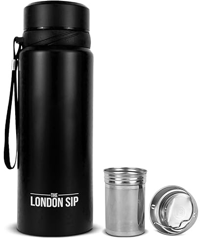 25 oz Multi-Function Travel Mug and Tumbler | Tea Infuser Water Bottle | Fruit Infused Flask | Hot & Cold Double Wall Stainless Steel Coffee Thermos | by Here & Now Supply Co. (Zen Black)