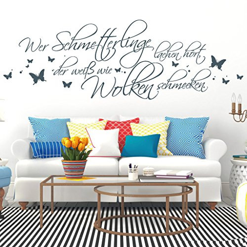 Schriftzug Wer Schmetterlinge lachen hört, der weiß wie Wolken schmecken. Wandsticker Wandaufkleber/violett 80 cm hoch x 240 cm breit