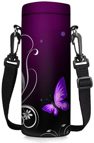 ToLuLu Water Bottle Carrier Bag Case, Insulated Neoprene Water Bottle Holder Cover 1000ML w/Adjustable Shoulder Strap, Sling Sleeve Pouch For Stainless Steel/Glass/Plastic Bottles, Purple Butterfly