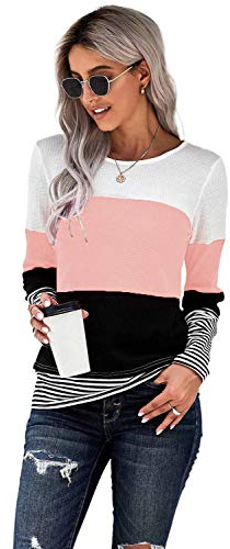 FANGJIN Pull Femme Sweat Femme Tunique Hiver Marine A Maille Automne Rayé Col Rond Vetement Femme Solde Grande Taille Chaud Long Laine Tee Shirt Gilets Marque Rose S 34 36