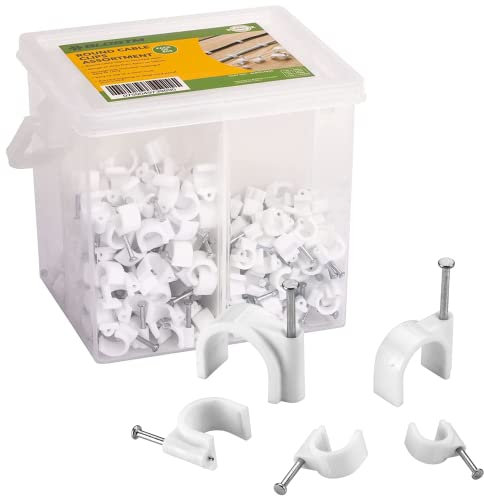 BLOSTM 400 Pieces Round Nail Cable Clips Assortment Set of Sizes 6mm, 7mm, 8mm, 10mm Wire Cable Tacks with Carry Case