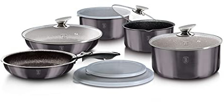 Berlinger Haus, Batterie de Cuisine de 12 Pièces, Collection Carbon Pro, revêtement en marbre antiadhésif à 3 couches, Poignée de touche souple ergo, Convient à tous types de plaques de cuisson