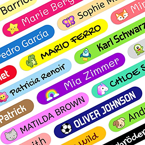 Namensaufkleber Kinder für Schule (200 Stück) - Personalisierte Aufkleber mit Namen für Stifte und Bleistift. Farbige Etiketten wasserfest. Größe 4,6 x 0,6 cm.