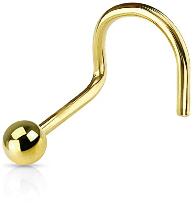 Jewel Barrel Nose Screw Hooks 20G (0.8mm) Nostril Piercing Jewellery Thin Nasal Ring Surgical Steel Silver Gold Black Rose with Small Ball or Cone End (Gold -BALL)