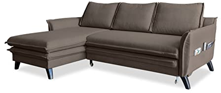 MIUFORM Ecksofa mit Schlaffunktion und Bettkasten | Charming Charlie | Wohnlandschaft Mit Schlaffunktion Couch Schlafcouch Wohnzimmer Gästezimmer | Holzlfüße Boho-Stil (Taupe, Links ausgerichtet)
