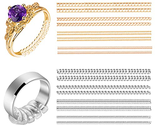 Ringgrößenversteller für lose Ringe, goldfarben und transparent, 16 Stück x 100 mm, 4 Größen, runde und flache Spirale, unsichtbarer Ringschutz, Silikon-Ringspanner, Ringgrößenversteller für Damen und
