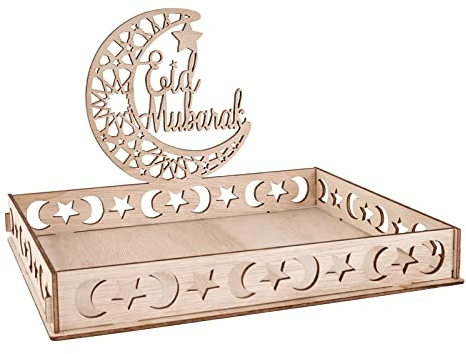 Eid Mubarak Teller Holz Tablett Ramadan Tischdeko Bayram Dekoration Serviertablett Islam Partyzubehör Mond Sterne für Süßigkeiten Kuchen Kekse (C)