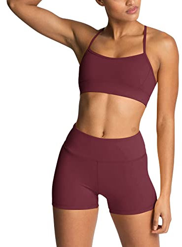 IDOPIP Sport Set Damen, Kreuz Rücken Yoga-BH & Hohe Taille Gym Shorts Workout Set Sport Outfit Fitness Set 2 Piece Trainingsanzüge Burgundisch XS