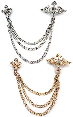 DHER Brosche Pin mit hängender Kette Abzeichen Kragen Broschen Brosche für Männer Frauen 2 Stück Kreuz Flügel Strass Brosche Kette, Mode Kleidung Zubehör Shirt Kragen dekorative Kragen Kette Exquisite
