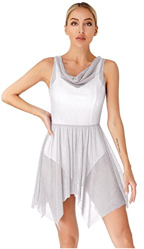 Runhomal Damen Glitzer Tanzkleid Asymmetrischer Saum Kleider Transparent Ärmellos Eiskunstlauf-Kleid Ballettkleid Tanzkleidung für Fitness Ballett Tanzen Silber M
