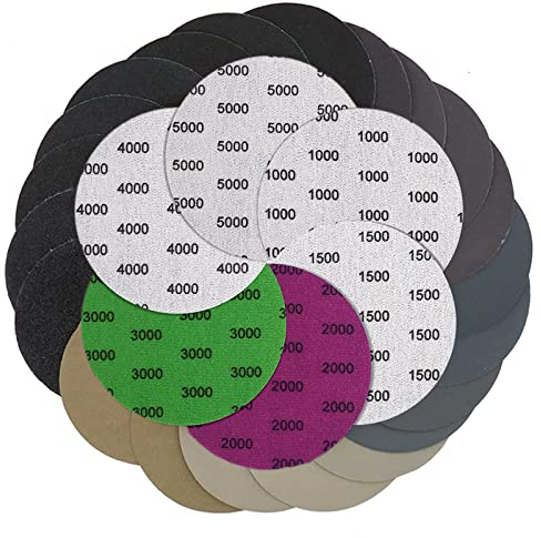 60 Stück Schleifpapier 75mm Klett,Runde Schleifscheiben 1000/1500/2000/3000/4000/5000 Sortiert Grits Nasse Trockene Schleifscheiben Exzenterschleifer Schleifpapier für Auto Metall Holz