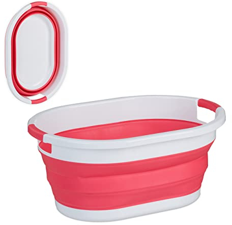 Relaxdays Panier à Linge, 36 litres, en Plastique, Pliable, Rangement Peu encombrant, avec poignées, Rose/Blanc