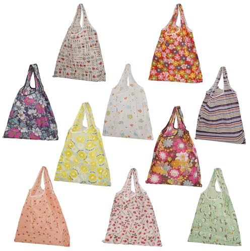 Hossejoy 10 Pcs Reusable Grocery Bags with Handles,Waterproof Nylon Tote Bags, Foldable Lightweight Shopping Bags, Machine Washable for Women Grocery Shopping Supplies Daily Storage