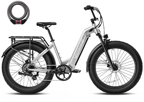 VELOWAVE Electric Bike 26 Fat Tire Electric Bike for Adults Ebike with Peak 1200W Brushless Motor 48V 15AH Removable LG Cell Battery Step-Thru E Bike up to 32MPH Free Cable Lock& Bell