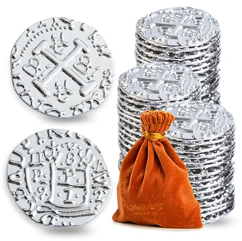 Prefdo 100PCS Silver Treasure Coin Set - Spanish Doubloon Replicas Fantasy Metal Coins for Board Games, Pirate Party Cosplay, 1.18in