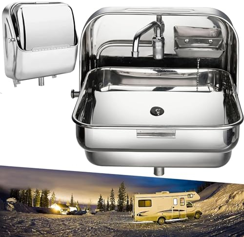 Miuxe Fregadero De Acero Inoxidable para Caravana RV Lavamanos Plegable con Grifo De Agua Fría, Fregadero Pequeño para Caravana RV Camper Caravana Camper Bar Barca