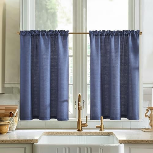 Vangao Scheibengardine Leinenoptik Bistrogardine Uni Modern Küche Schriften Vorhänge Gitter Halbtransparente Paarig Schals für Wohnzimmer Landhaus Kleine Fenster 90x90cm Blau 2er Set