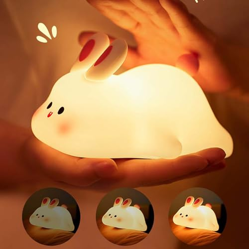 Big Face Rabbit Silicone Night Light, Kaninchen Silikon Nachtlicht für Kinder, Soft Touch Silikonlampe mit Timer, Dimmbares LED Schlaflicht, Aufladbare Nachttischlampe für Schlafzimmer Dekor (Warm)