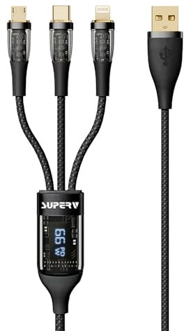 SUPERV 3-in-1 USB Cable with Digital Display, Nylon Braided USB A to USB Type C/Lightning/Micro USB 3.94FT, 66W Fast Charging for iPhone16/15,Galaxy S24, MacBook Pro, and More