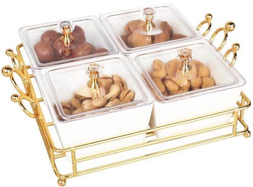 jinsongdafa Ceramic Serving Bowls with lid Metal Dishes, 4 Removable Small Bowls Relish Tray Nuts Dishes for Snack, Fruits, Sugar, Candies - for Parties, Party Gift
