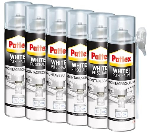 Pattex White Line PU Schaum, Montageschaum mit feiner, homogener Zellstruktur, Isolieren, Füllen und Fixieren, Weiß, 6x 500 ml