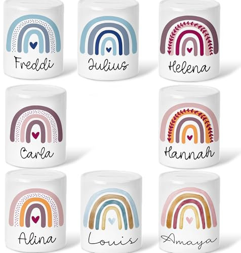 Personalisierte Kinder Spardose Regenbogen Rosa Lila Blau Aquarell mit Namen Wunschname und Datum -Geschenk für Jungen & Mädchen zum Geburtstag Weihnachten (Regenbogen Blau)