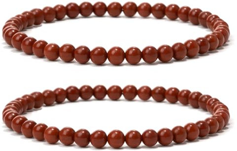 Landorilo 2 Stück Naturstein Runde Perlen Stretch Armband (4mm) für Damen Herren, Yoga Heilstein Armbänder, Freundschaftsarmband, Paar-Armband, Ersatzperlen Inklusive(2R Jaspis Rot)