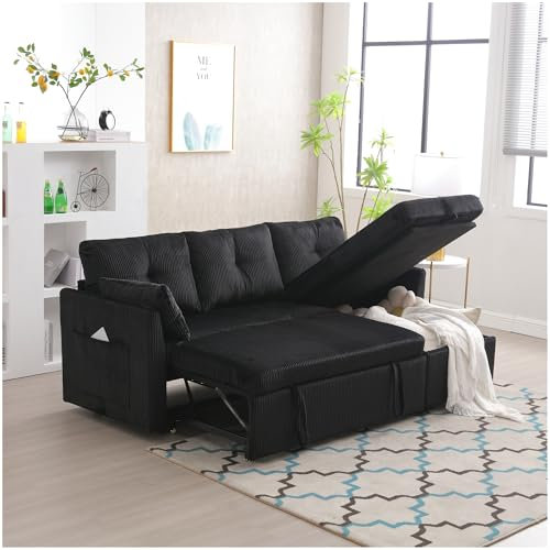 Sapgaks Canapé d'angle Convertible avec sièges de Rangement et Poches accoudoirs,Canapé Convertible 3 Places avec Forme des Rayures,canapé 3 Places,canapé lit,Velours (Noir)