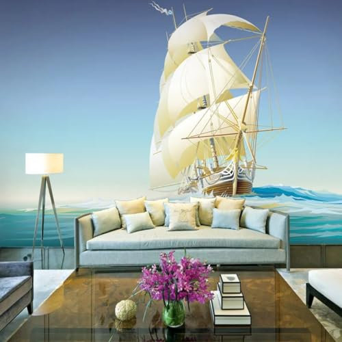 Kitquiver 3D Sailing Boat On Sea Photo Wallpaper 3D Vintage Sailboat 3D Mural Office Living Room Home Decoration Wallpaper Restaurant Wall for Bedroom Mural 150x105cm