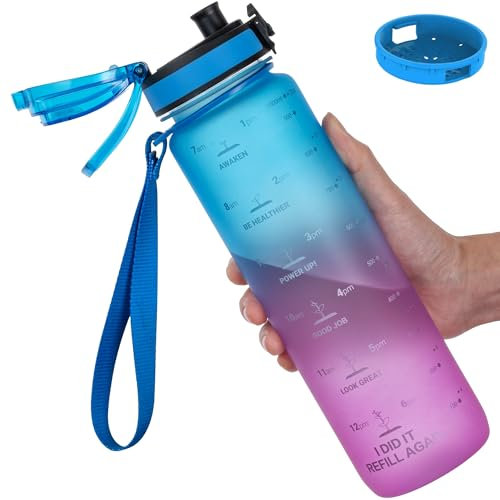 GOPPUS 1L/32oz Tritan Water Bottle (No Straw)-Soft Matte Finish Drink Bottle with Measurements Bottles with Lockable Flip Top Motivational Bottles with Time Marks for Adults BPA Free (Blue Purple)